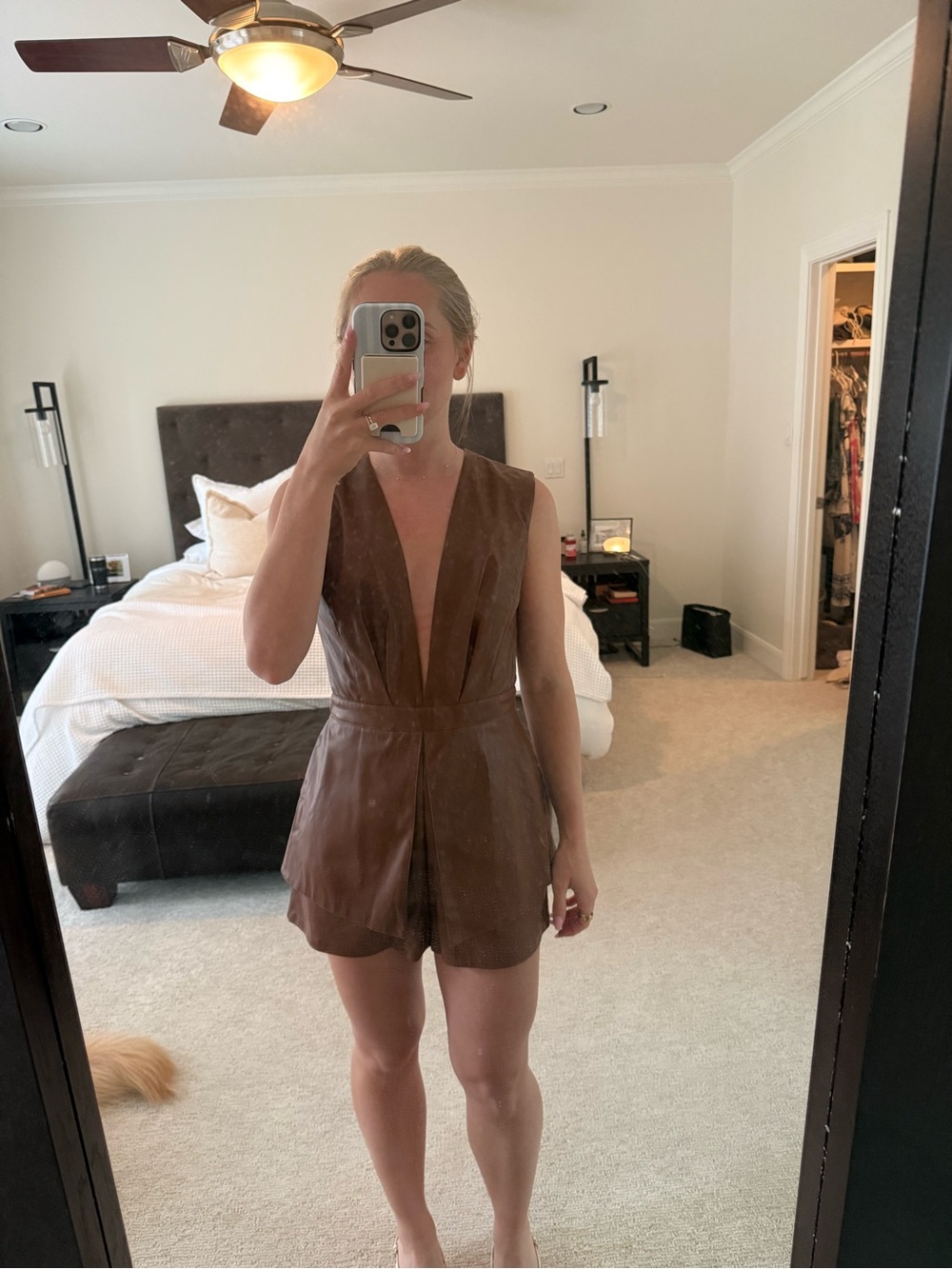 DO+BE Brown Faux Leather Romper with Deep V - perf for game day!